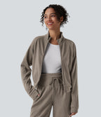 Ribbed Stand Collar Zipper Long Sleeve Color Block Casual Jacket with Pockets — Taupe Stripe — view 1