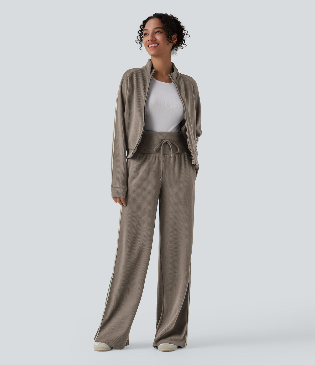 Ribbed Stand Collar Zipper Long Sleeve Color Block Casual Jacket with Pockets — Taupe Stripe — view 6