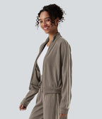 Ribbed Stand Collar Zipper Long Sleeve Color Block Casual Jacket with Pockets — Taupe Stripe — view 3