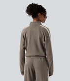 Ribbed Stand Collar Zipper Long Sleeve Color Block Casual Jacket with Pockets — Taupe Stripe — view 2