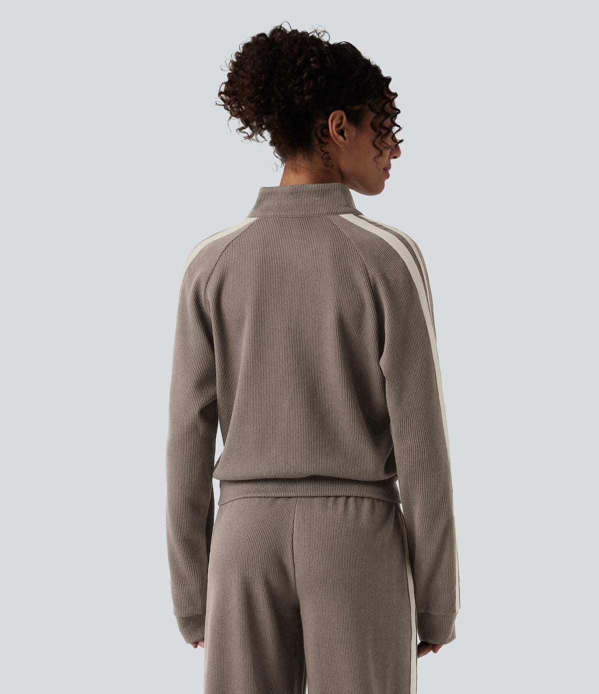 Ribbed Stand Collar Zipper Long Sleeve Color Block Casual Jacket with Pockets — Taupe Stripe — view 2
