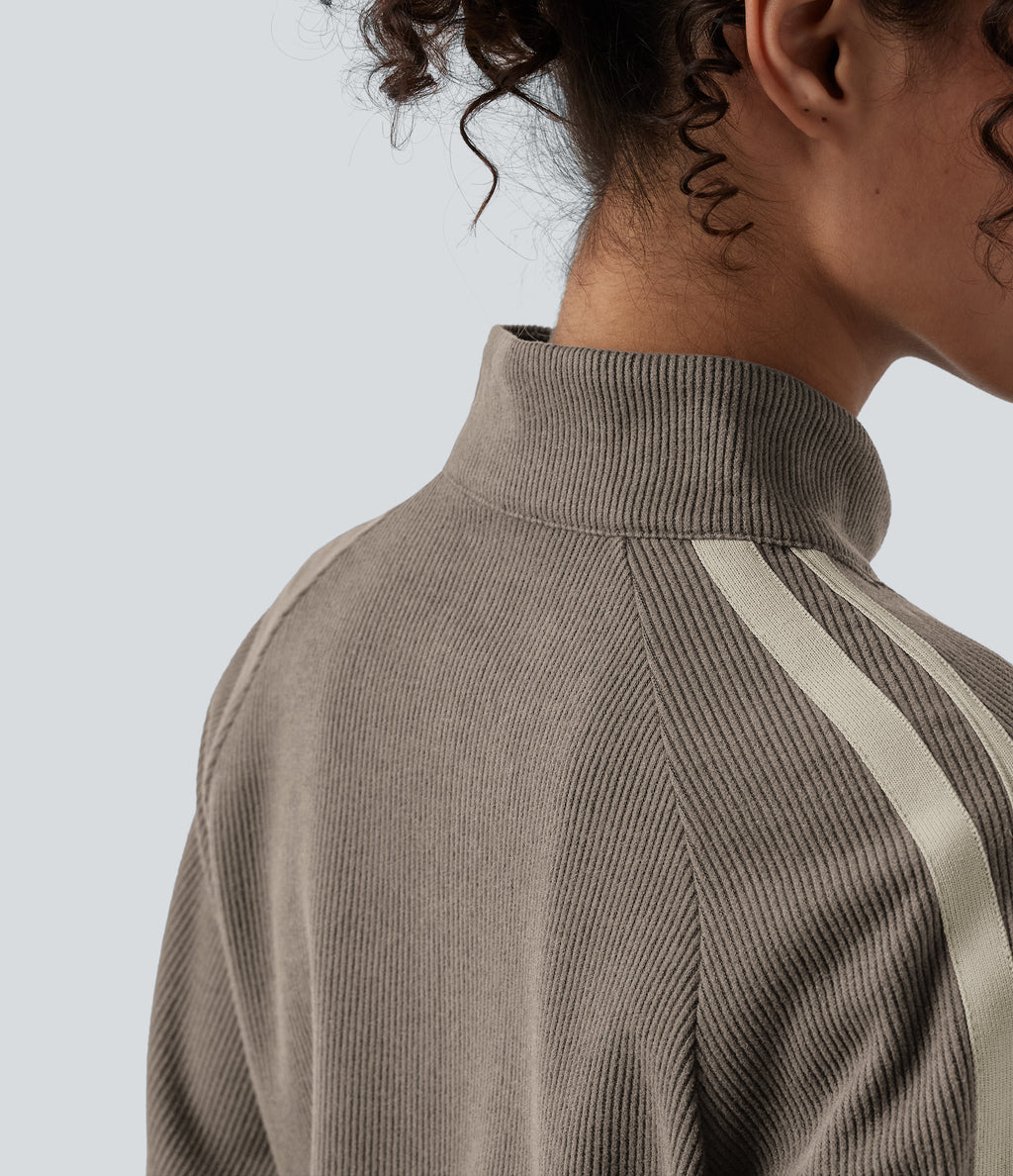Ribbed Stand Collar Zipper Long Sleeve Color Block Casual Jacket with Pockets — Taupe Stripe — view 5
