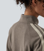 Ribbed Stand Collar Zipper Long Sleeve Color Block Casual Jacket with Pockets — Taupe Stripe — view 5