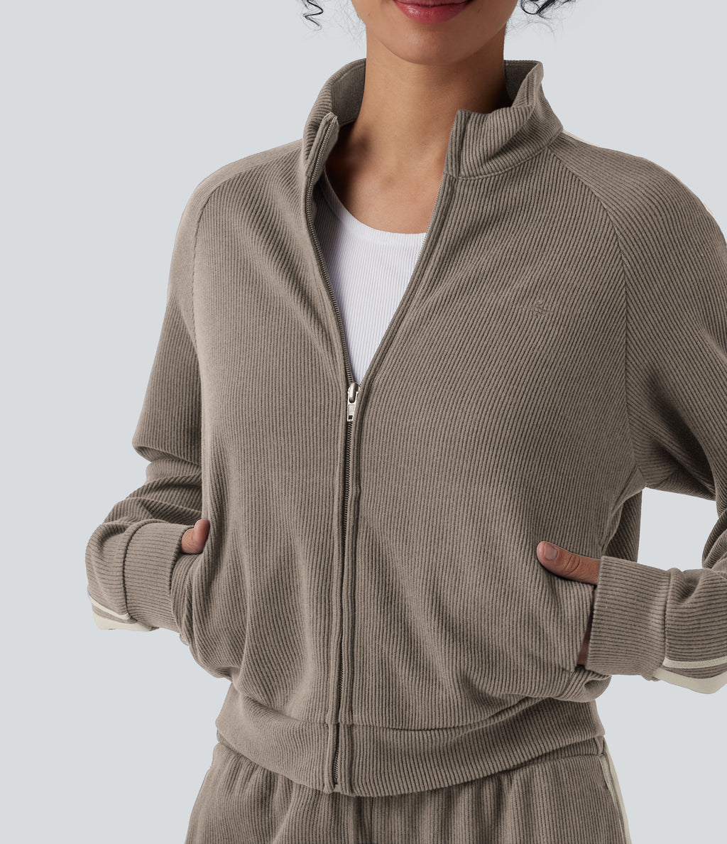 Ribbed Stand Collar Zipper Long Sleeve Color Block Casual Jacket with Pockets — Taupe Stripe — view 4