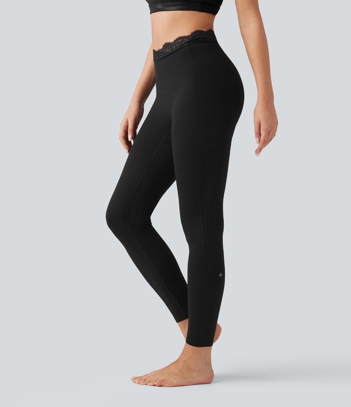 V-Shaped High Waisted Contrast Lace Yoga Leggings with Pockets — Black — view 1