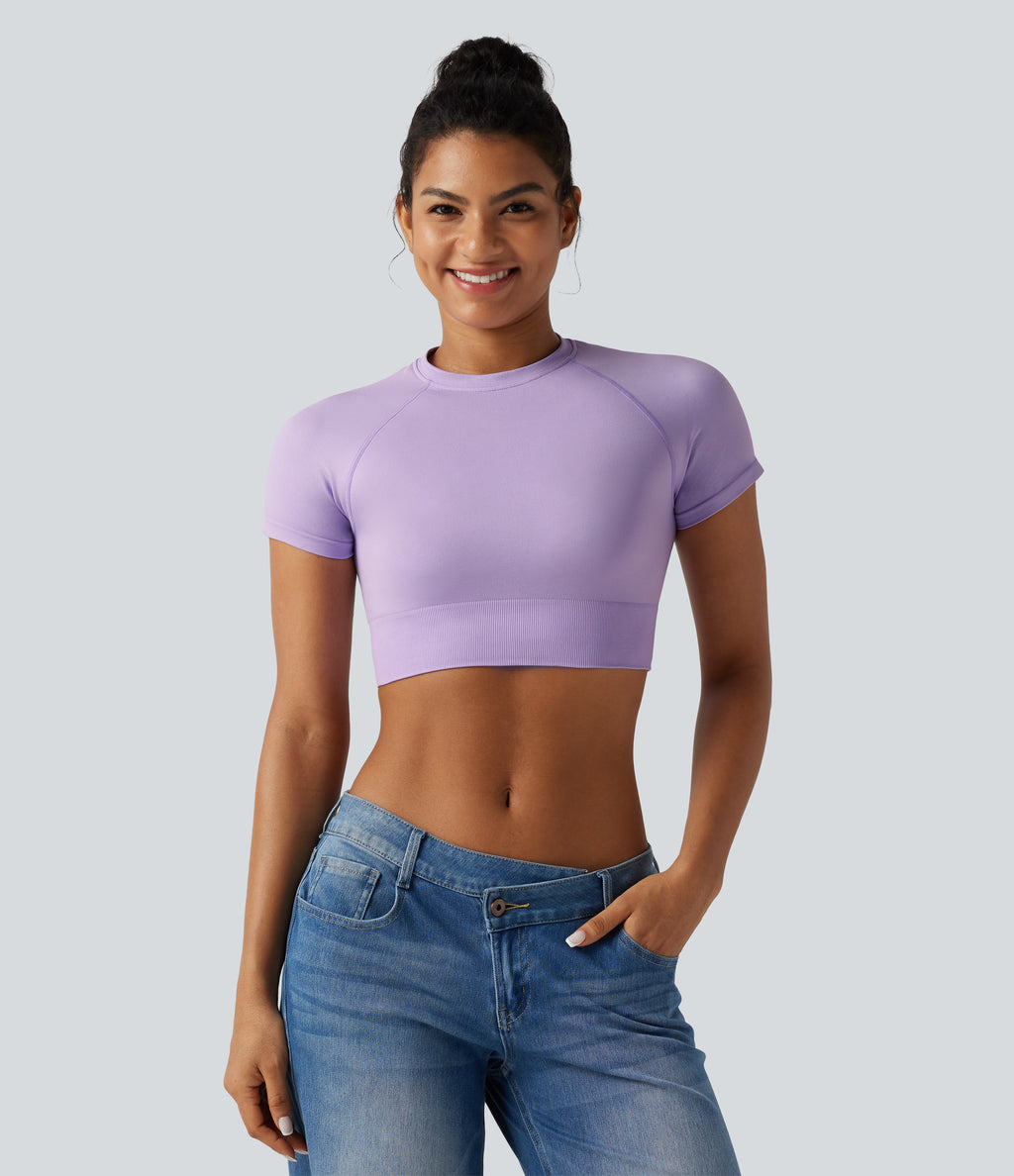 OneForm Seamless Flow Round Neck Short Sleeve Cropped Casual T-Shirt — Wanderlust - Lilac — view 4