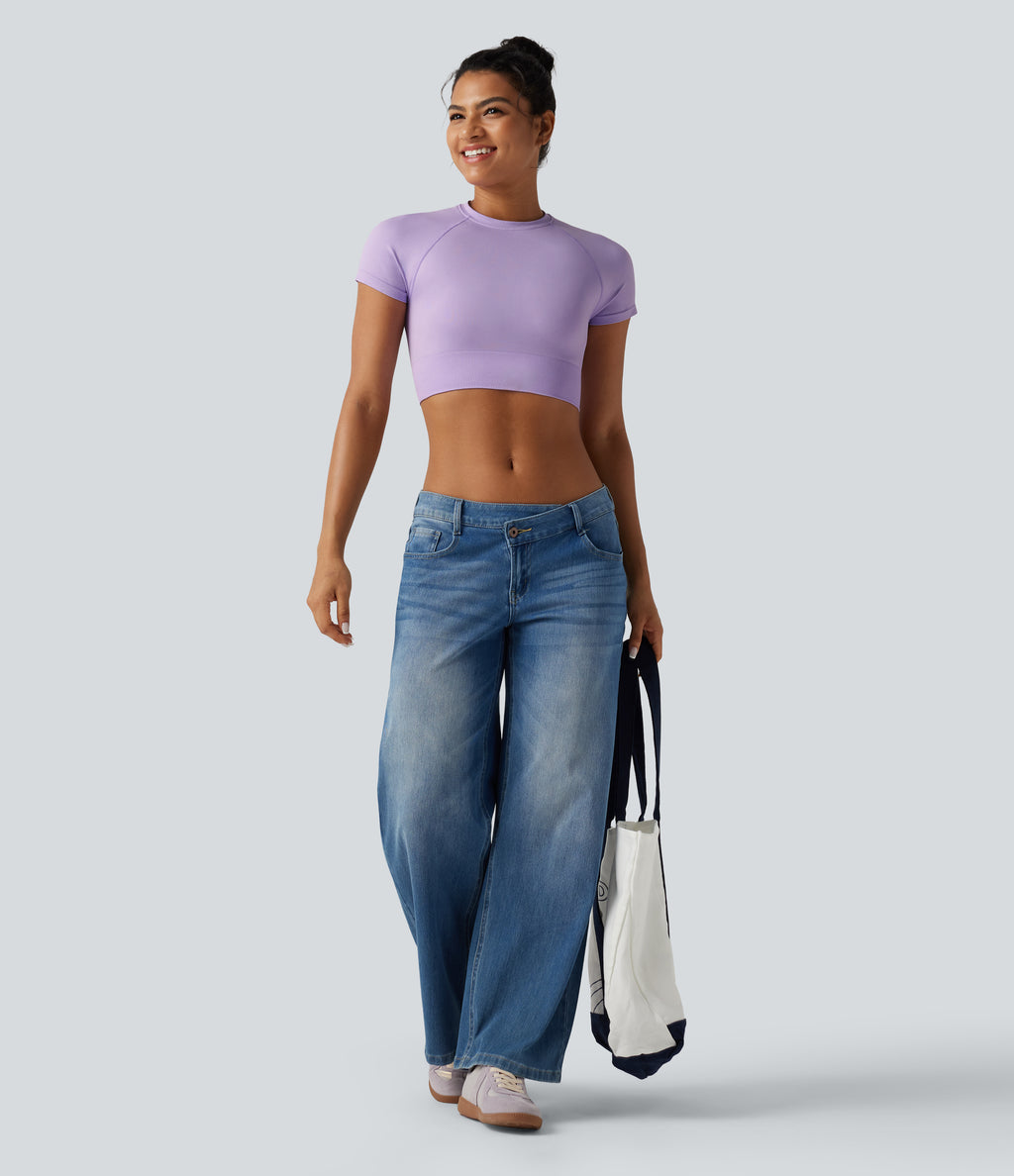 OneForm Seamless Flow Round Neck Short Sleeve Cropped Casual T-Shirt — Wanderlust - Lilac — view 6