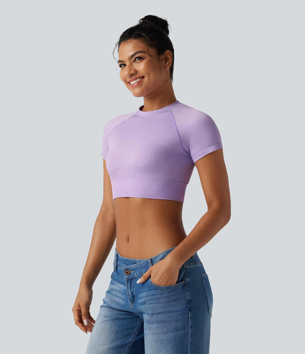OneForm Seamless Flow Round Neck Short Sleeve Cropped Casual T-Shirt — Wanderlust - Lilac — view 3
