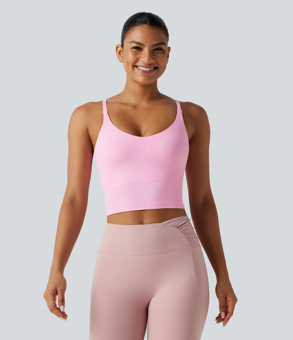 OneForm Seamless Flow Built-in Bra Cropped Yoga Tank Top — Pink Frosting — view 3
