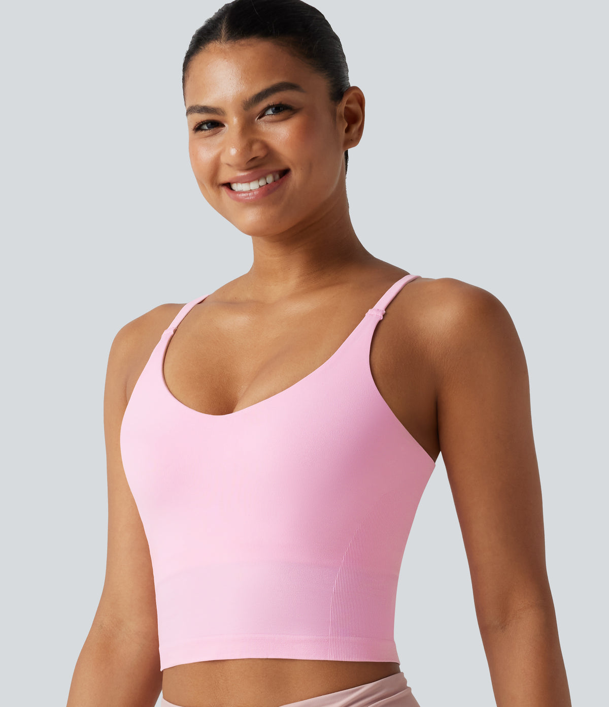OneForm Seamless Flow Built-in Bra Cropped Yoga Tank Top — Pink Frosting — view 6