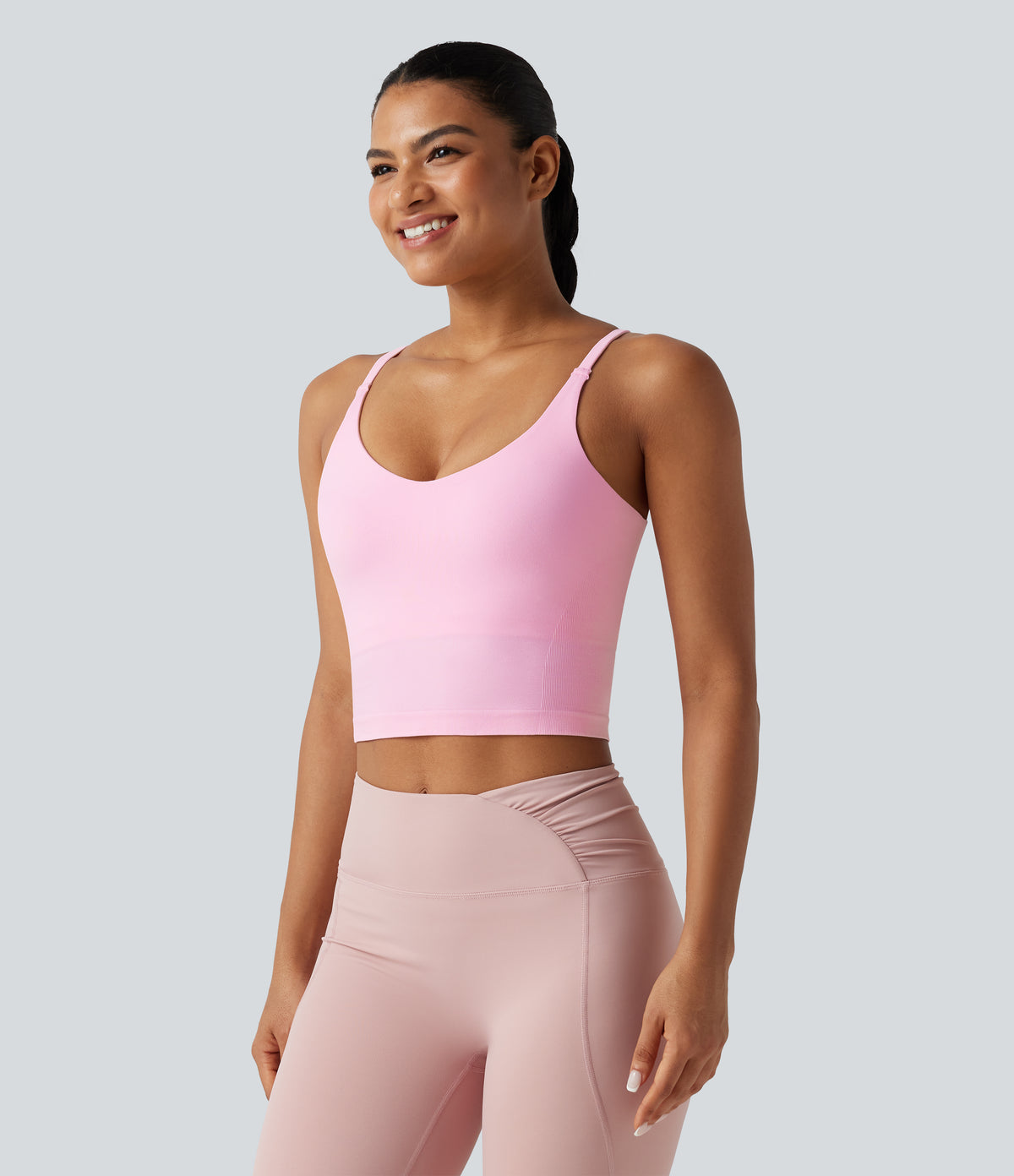 OneForm Seamless Flow Built-in Bra Cropped Yoga Tank Top — Pink Frosting — view 4