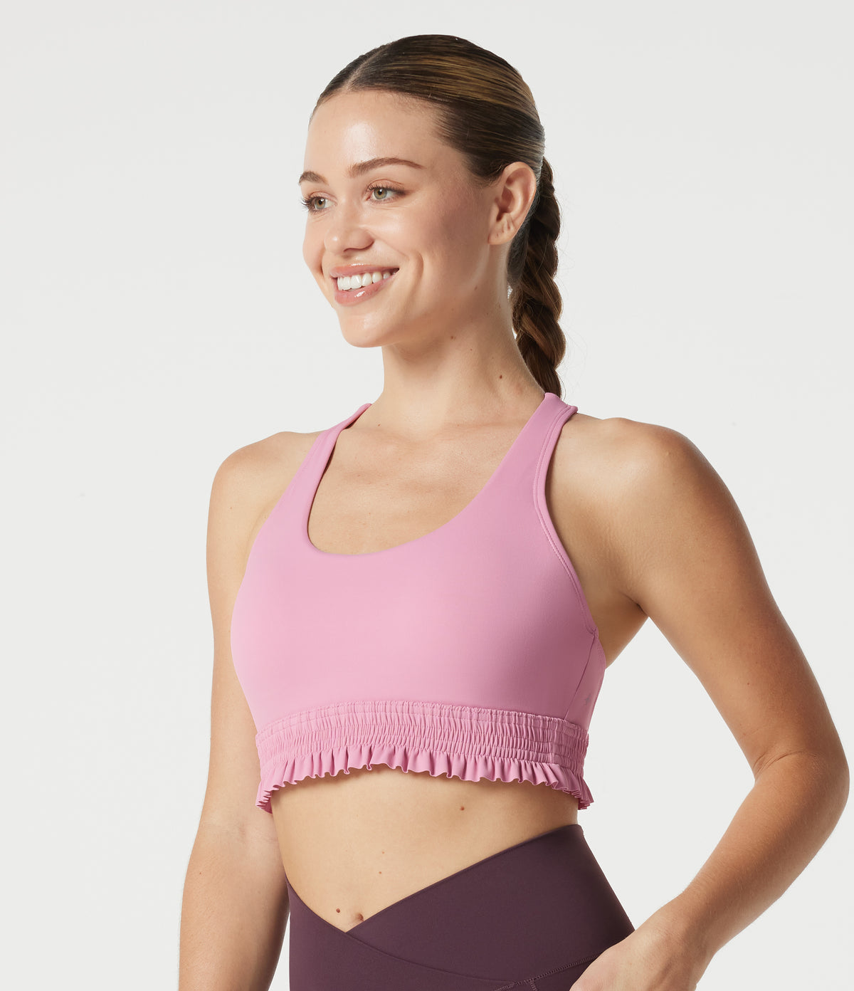 Low Support U Neck Built-in Bra Frill Hem Workout Sports Bra — Fairy Tale — view 3