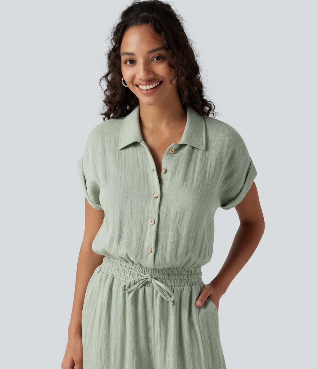Short Sleeve Drawstring Baggy Casual Linen-Feel Jumpsuit with Pockets — Sea Foam — view 4