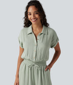 Short Sleeve Drawstring Baggy Casual Linen-Feel Jumpsuit with Pockets — Sea Foam — view 4