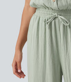 Short Sleeve Drawstring Baggy Casual Linen-Feel Jumpsuit with Pockets — Sea Foam — view 6