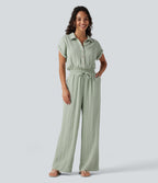 Short Sleeve Drawstring Baggy Casual Linen-Feel Jumpsuit with Pockets — Sea Foam — view 1