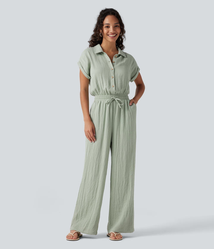 Short Sleeve Drawstring Baggy Casual Linen-Feel Jumpsuit with Pockets — Sea Foam — view 1