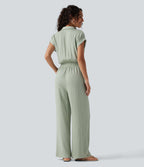 Short Sleeve Drawstring Baggy Casual Linen-Feel Jumpsuit with Pockets — Sea Foam — view 2
