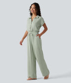 Short Sleeve Drawstring Baggy Casual Linen-Feel Jumpsuit with Pockets — Sea Foam — view 3
