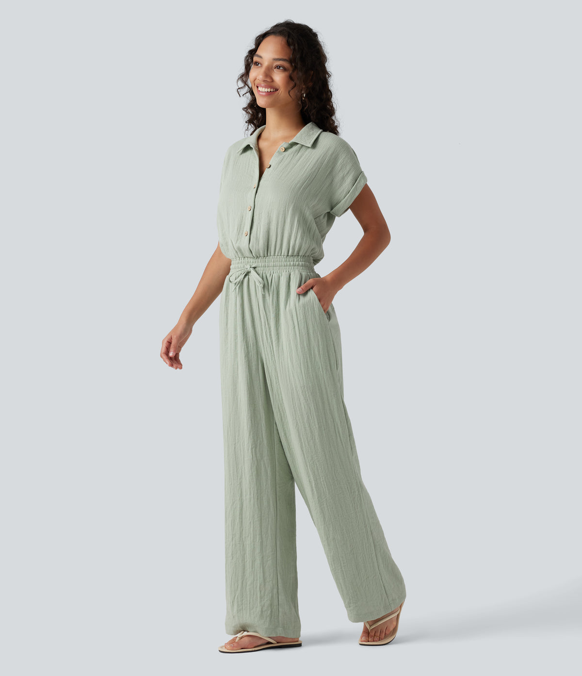 Short Sleeve Drawstring Baggy Casual Linen-Feel Jumpsuit with Pockets — Sea Foam — view 3