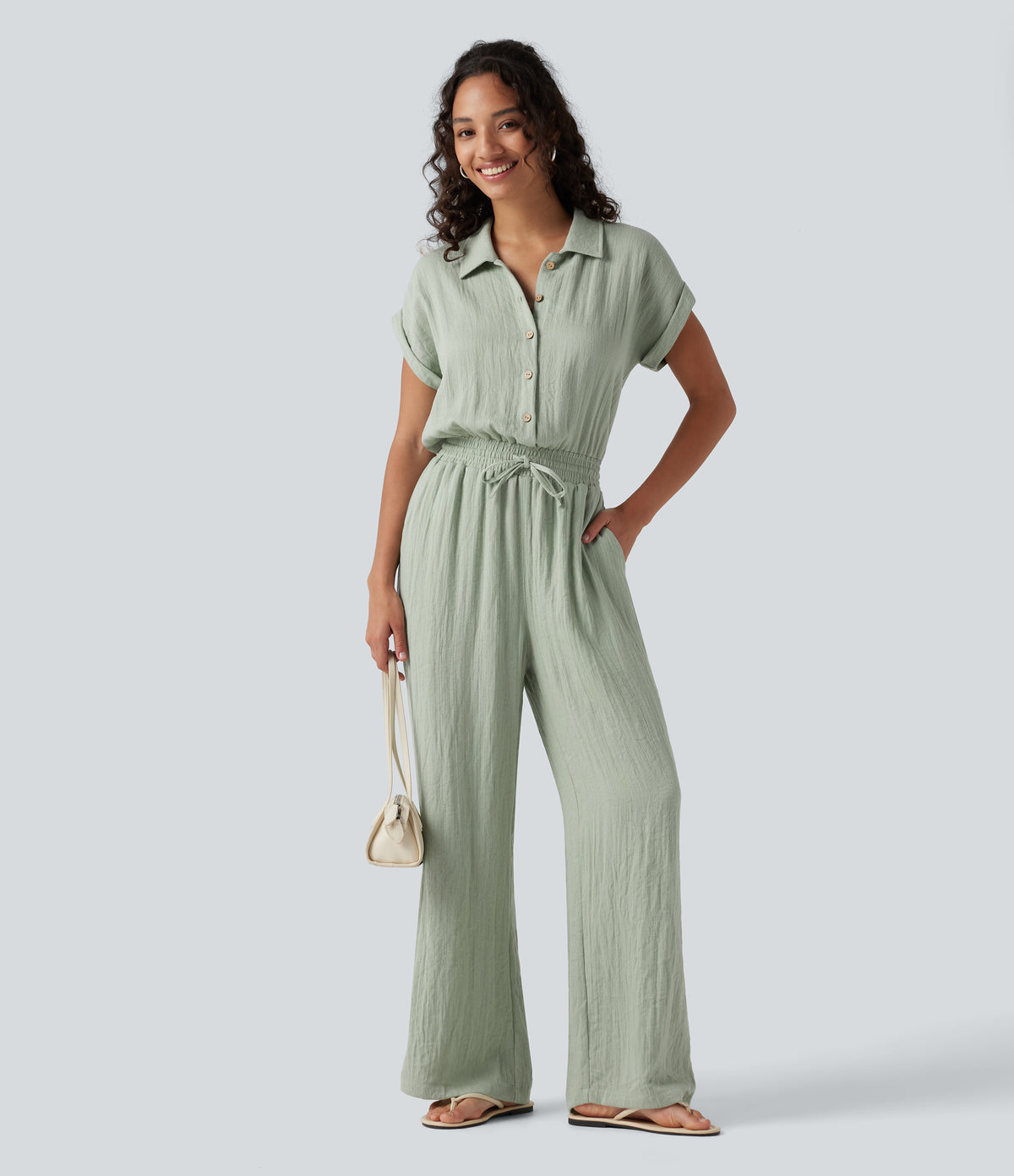 Short Sleeve Drawstring Baggy Casual Linen-Feel Jumpsuit with Pockets — Sea Foam — view 7