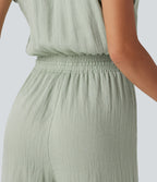 Short Sleeve Drawstring Baggy Casual Linen-Feel Jumpsuit with Pockets — Sea Foam — view 5