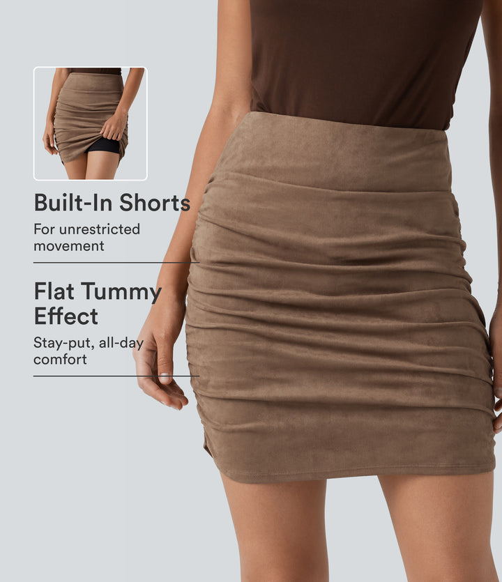 High Waisted Tummy Control Ruched Curved Hem Bodycon 2-in-1 Suede Mini Skirt-Longer Length — Coca Mocha — view 1