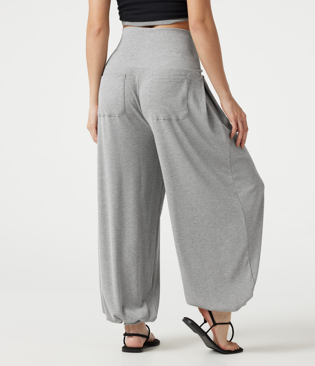 High Stretch Ribbed High Waisted Tummy Control Casual Joggers with Pockets — Fog Gray — view 2