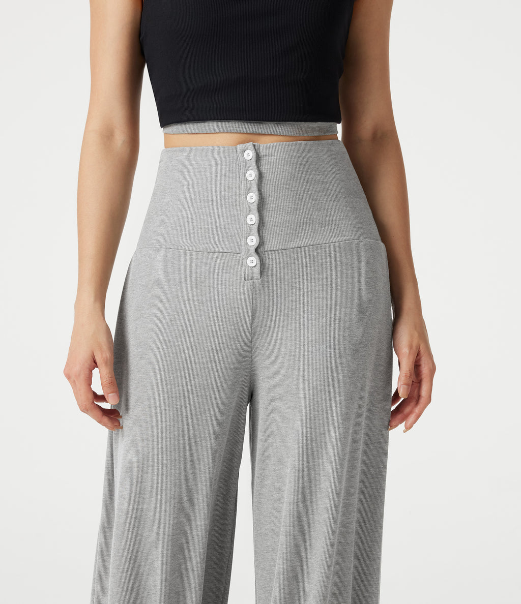 High Stretch Ribbed High Waisted Tummy Control Casual Joggers with Pockets — Fog Gray — view 5