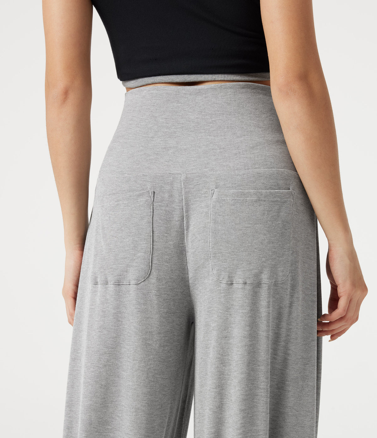 High Stretch Ribbed High Waisted Tummy Control Casual Joggers with Pockets — Fog Gray — view 6