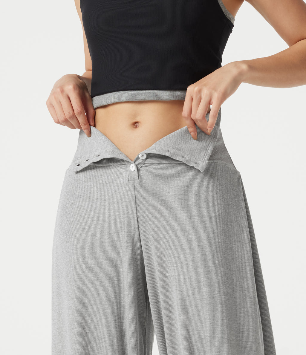 High Stretch Ribbed High Waisted Tummy Control Casual Joggers with Pockets — Fog Gray — view 4