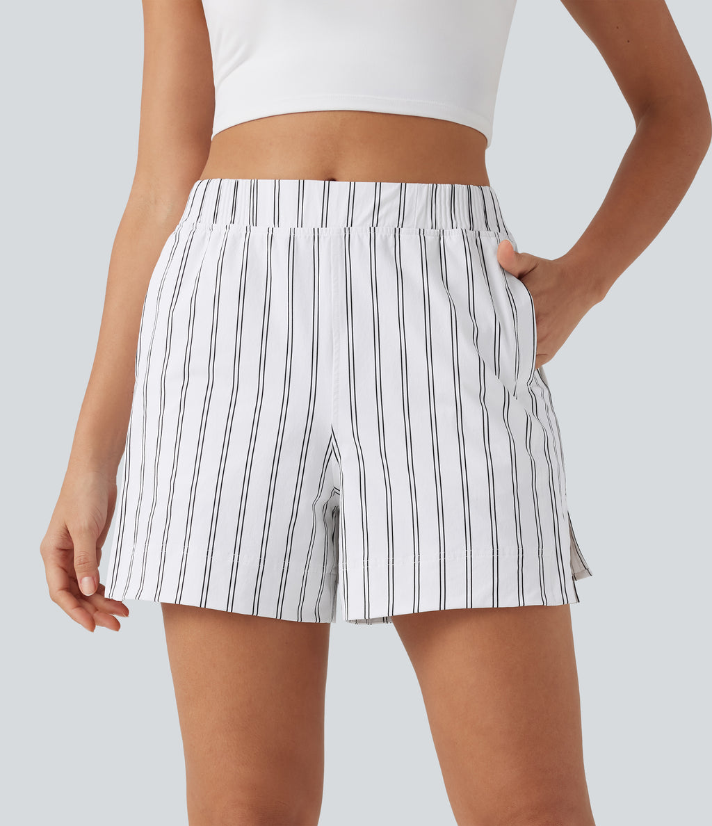High Waisted Split Stripe Tennis Shorts with Pockets 4'' — Griege Stripe — view 3