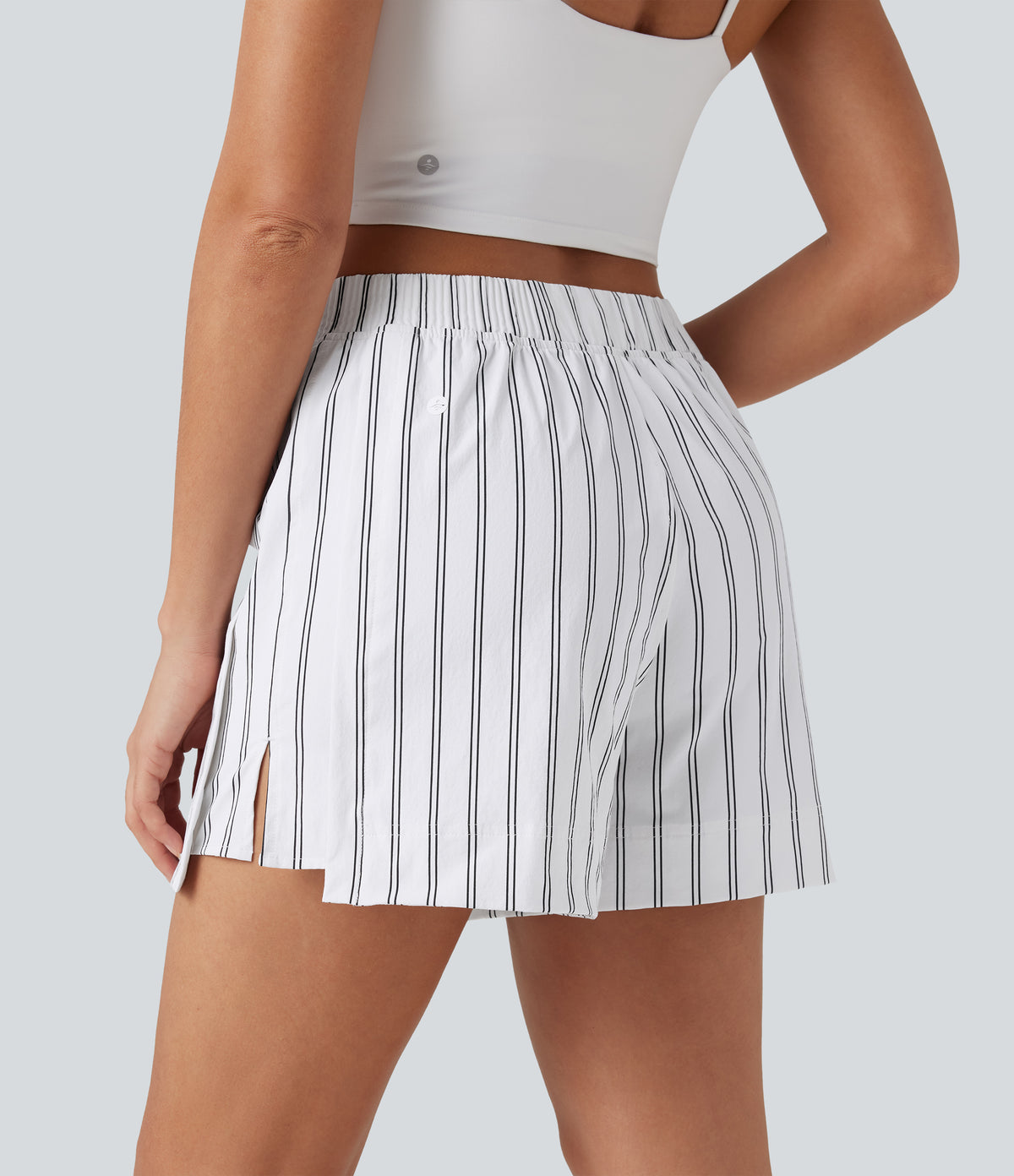 High Waisted Split Stripe Tennis Shorts with Pockets 4'' — Griege Stripe — view 2