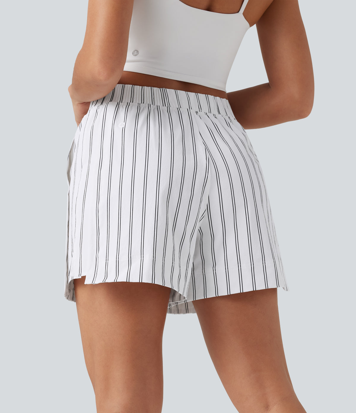 High Waisted Split Stripe Tennis Shorts with Pockets 4'' — Griege Stripe — view 6