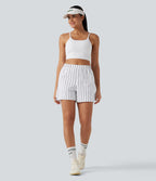High Waisted Split Stripe Tennis Shorts with Pockets 4'' — Griege Stripe — view 7