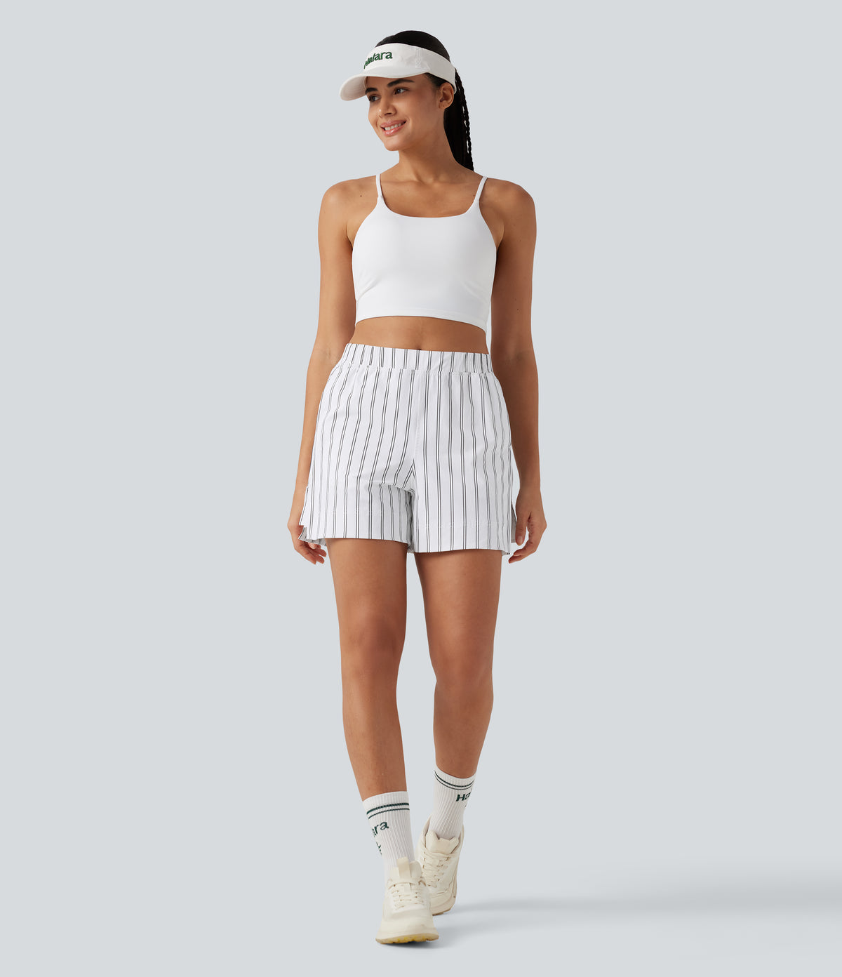 High Waisted Split Stripe Tennis Shorts with Pockets 4'' — Griege Stripe — view 7