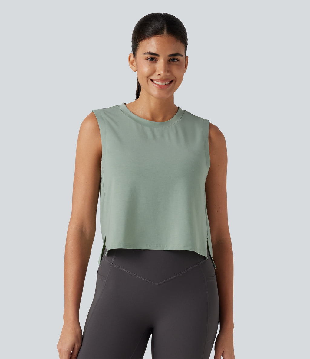 Round Neck High Low Quick Dry Workout Tank Top — Iceberg Green — view 3