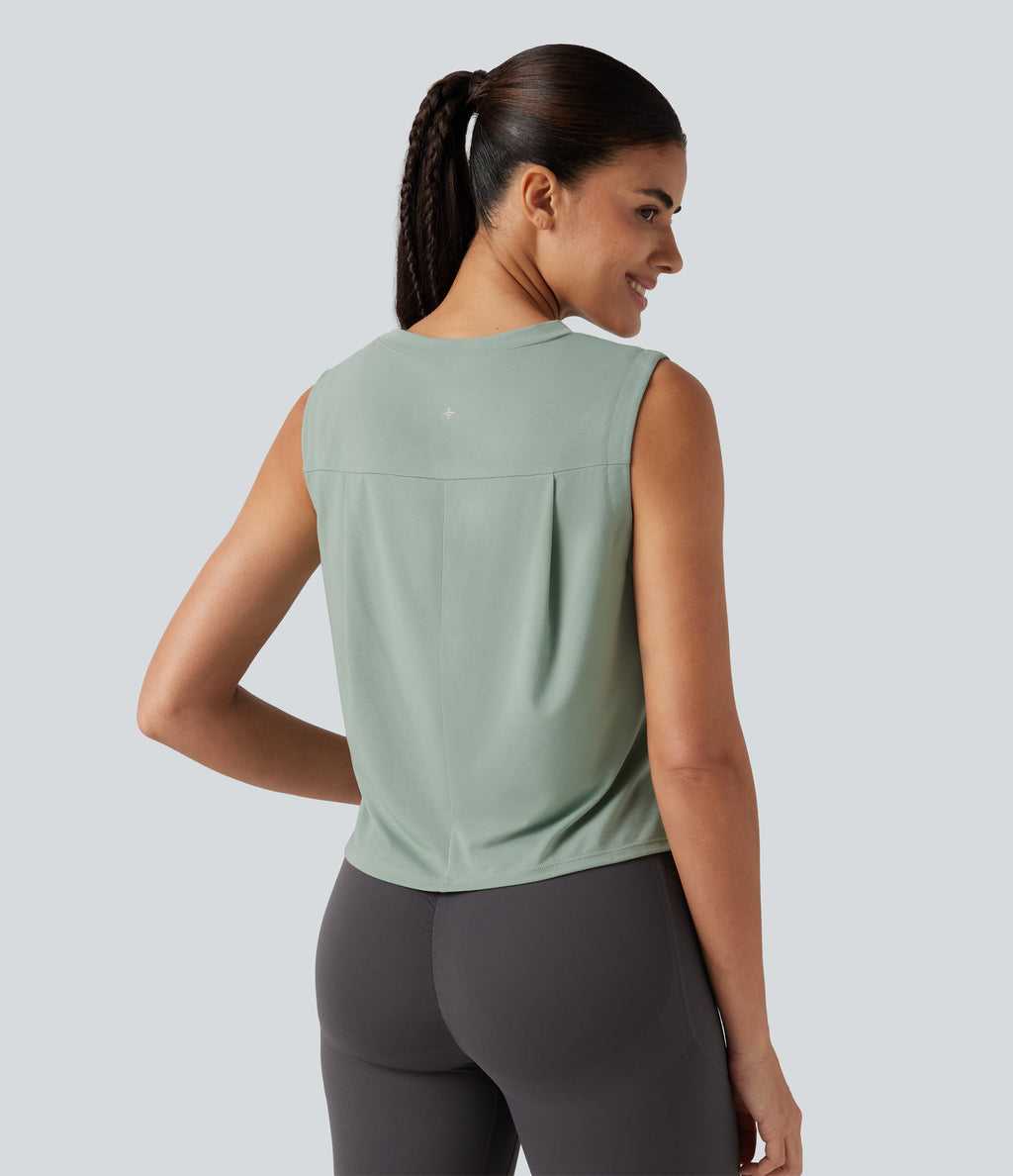 Round Neck High Low Quick Dry Workout Tank Top — Iceberg Green — view 2