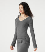 V Neck Lace Long Sleeve Top — Darl Gray Floral Yarn — view 3