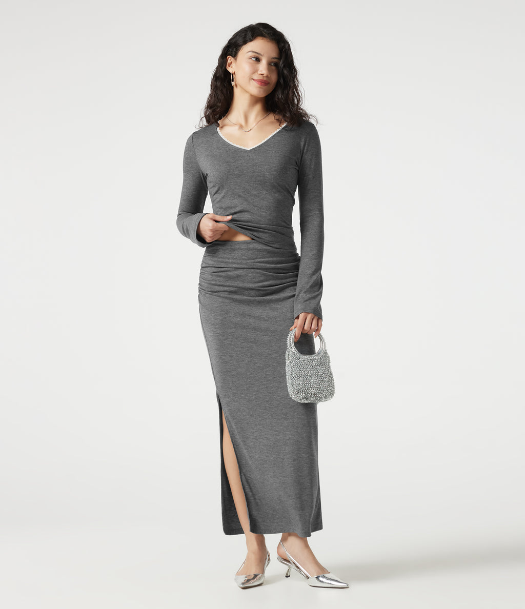 V Neck Lace Long Sleeve Top — Darl Gray Floral Yarn — view 7