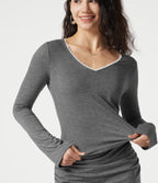 V Neck Lace Long Sleeve Top — Darl Gray Floral Yarn — view 5