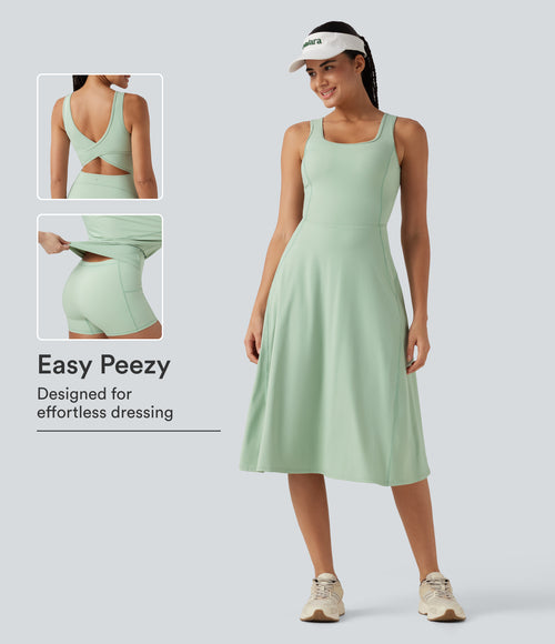 Airy Square Neck Built-in Bra 2-in-1 InstantCool Midi Dance Active Dress with Pockets-Edition — Light Bean Green — view 1