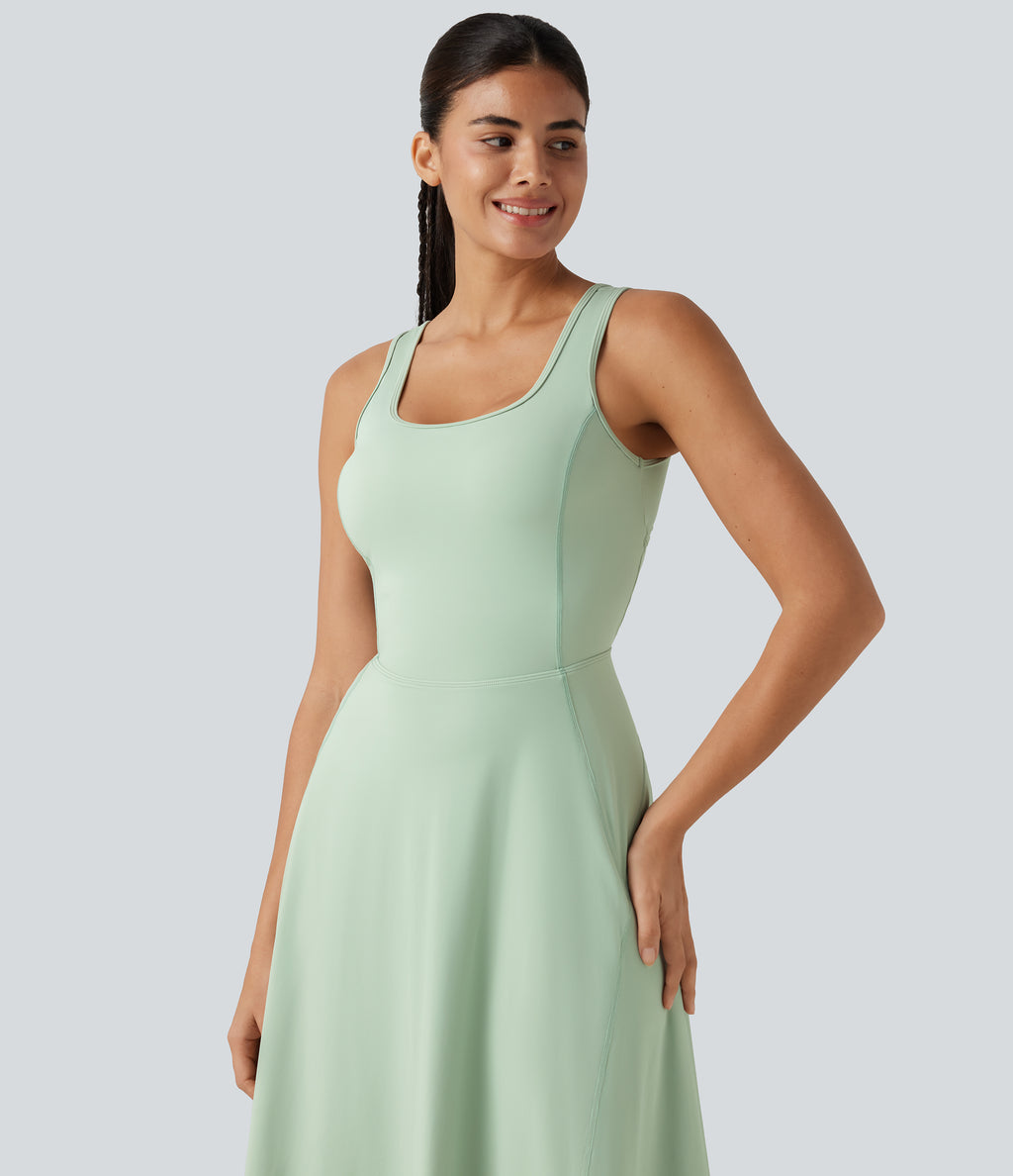 Airy Square Neck Built-in Bra 2-in-1 InstantCool Midi Dance Active Dress with Pockets-Edition — Light Bean Green — view 5