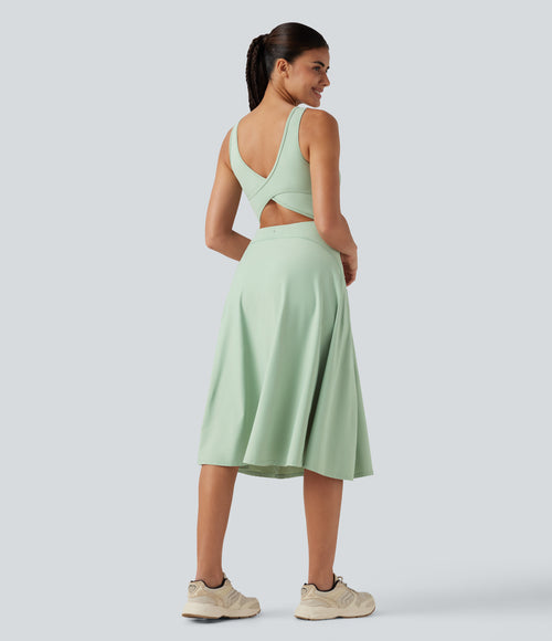 Airy Square Neck Built-in Bra 2-in-1 InstantCool Midi Dance Active Dress with Pockets-Edition — Light Bean Green — view 2