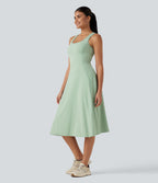 Airy Square Neck Built-in Bra 2-in-1 InstantCool Midi Dance Active Dress with Pockets-Edition — Light Bean Green — view 3