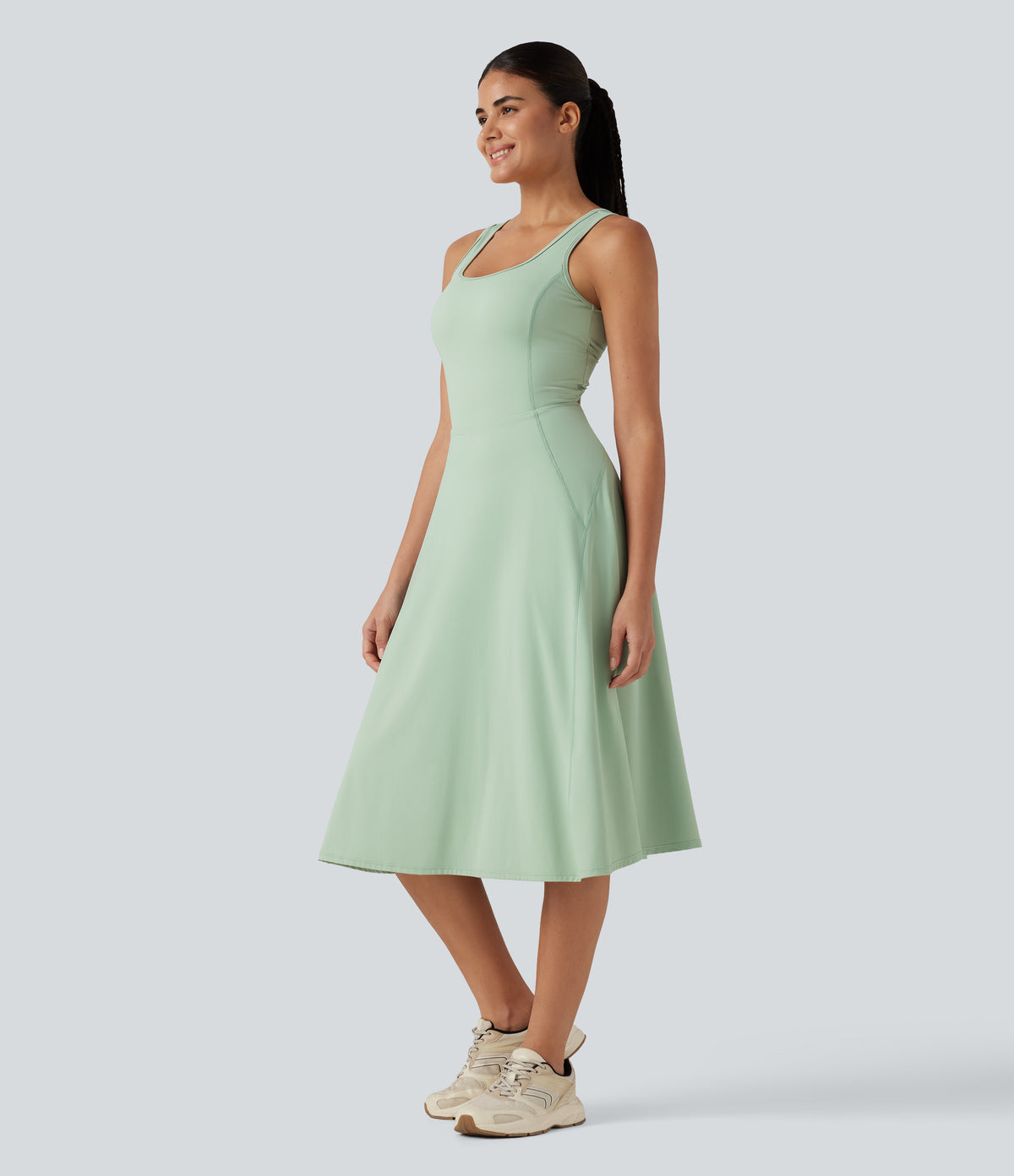 Airy Square Neck Built-in Bra 2-in-1 InstantCool Midi Dance Active Dress with Pockets-Edition — Light Bean Green — view 3