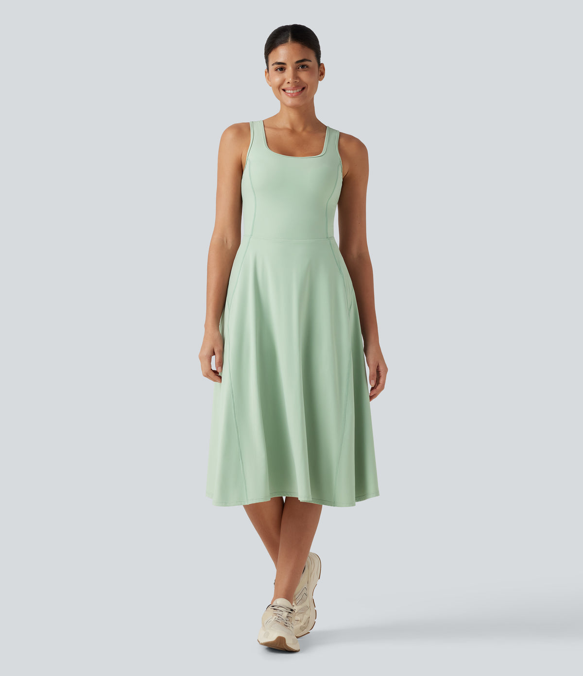 Airy Square Neck Built-in Bra 2-in-1 InstantCool Midi Dance Active Dress with Pockets-Edition — Light Bean Green — view 4