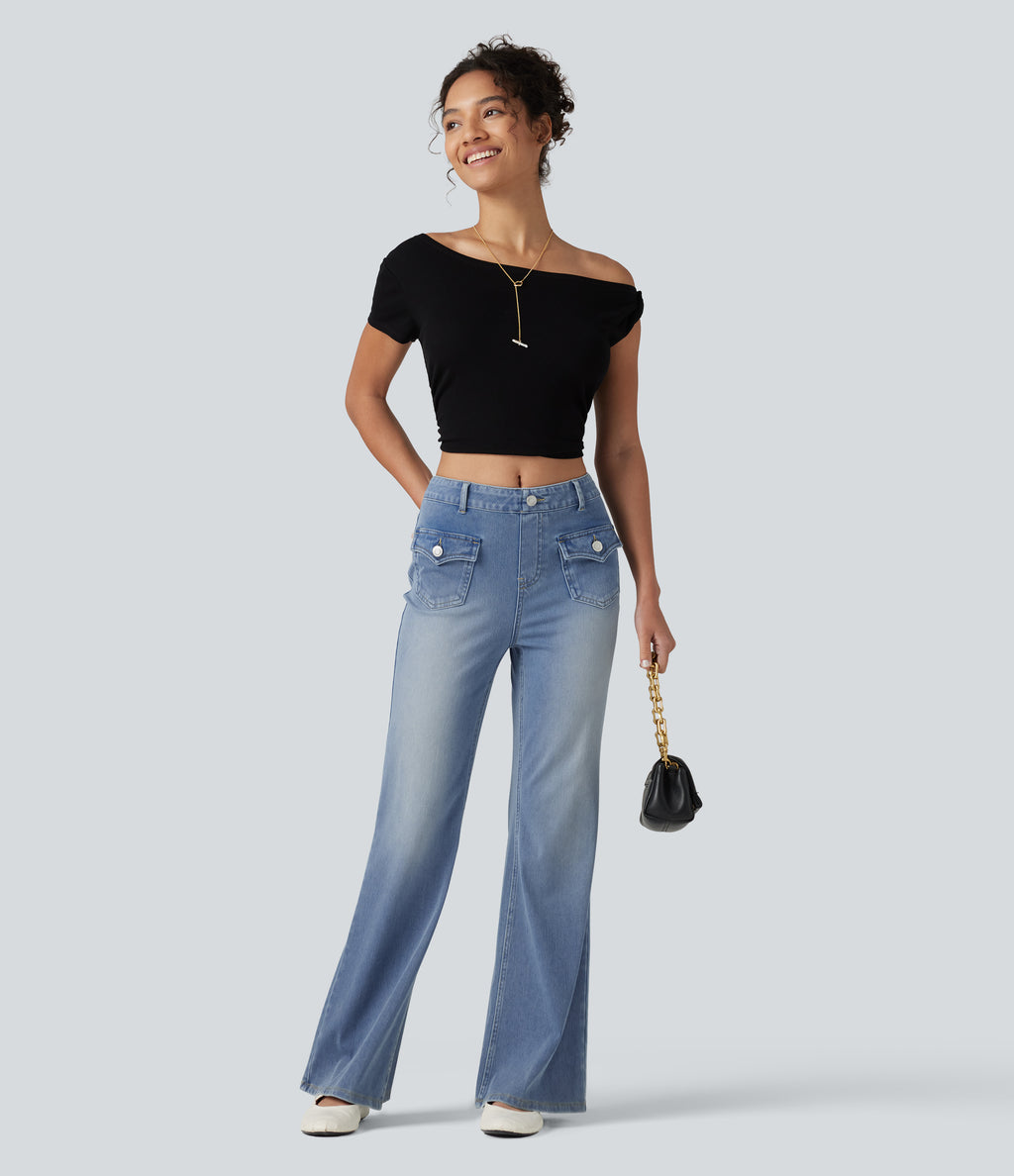 Mid Rise Casual Flare Jeans with Pockets — Blue Flower Denim — view 7