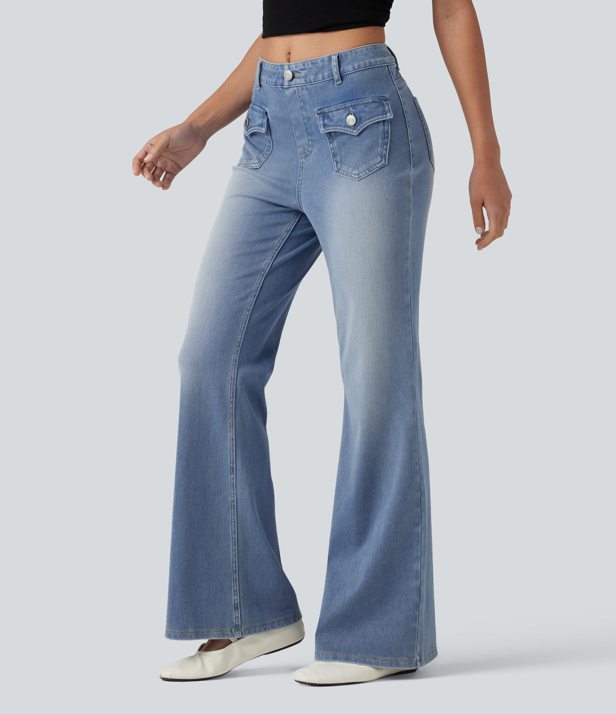 Mid Rise Casual Flare Jeans with Pockets — Blue Flower Denim — view 3