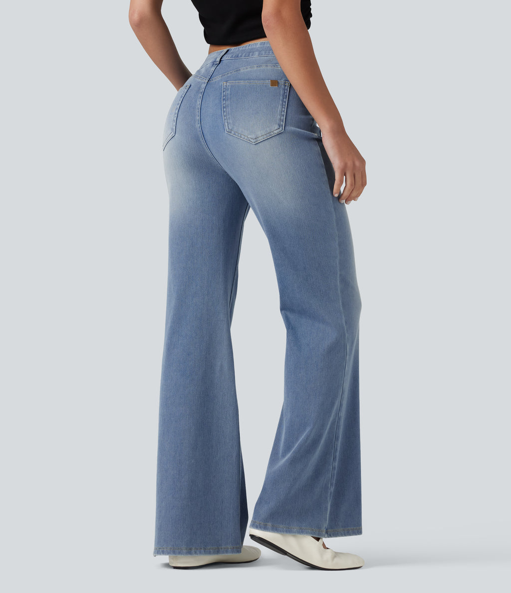 Mid Rise Casual Flare Jeans with Pockets — Blue Flower Denim — view 2